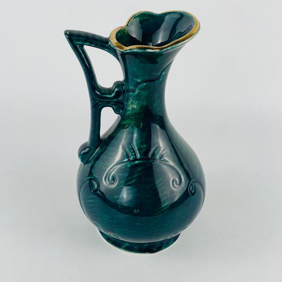 Hand Painted Ceramic Peacock Pitcher Gold Trim 7 1/8” - Picture 4 of 9